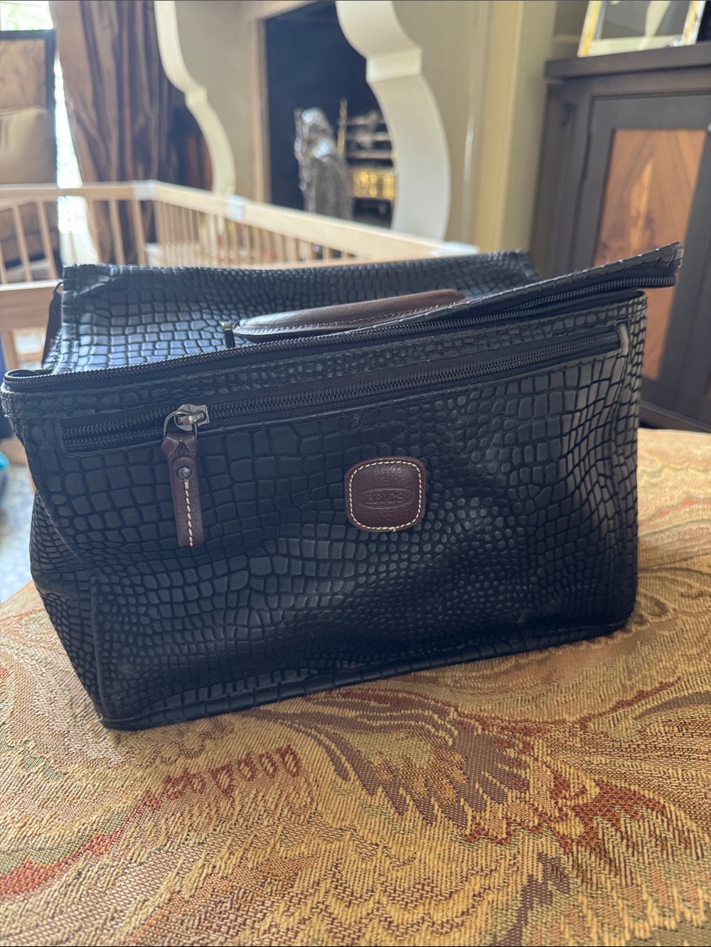 Bric's Black Croc-Embossed Travel Toiletry Bag with Brown Trim